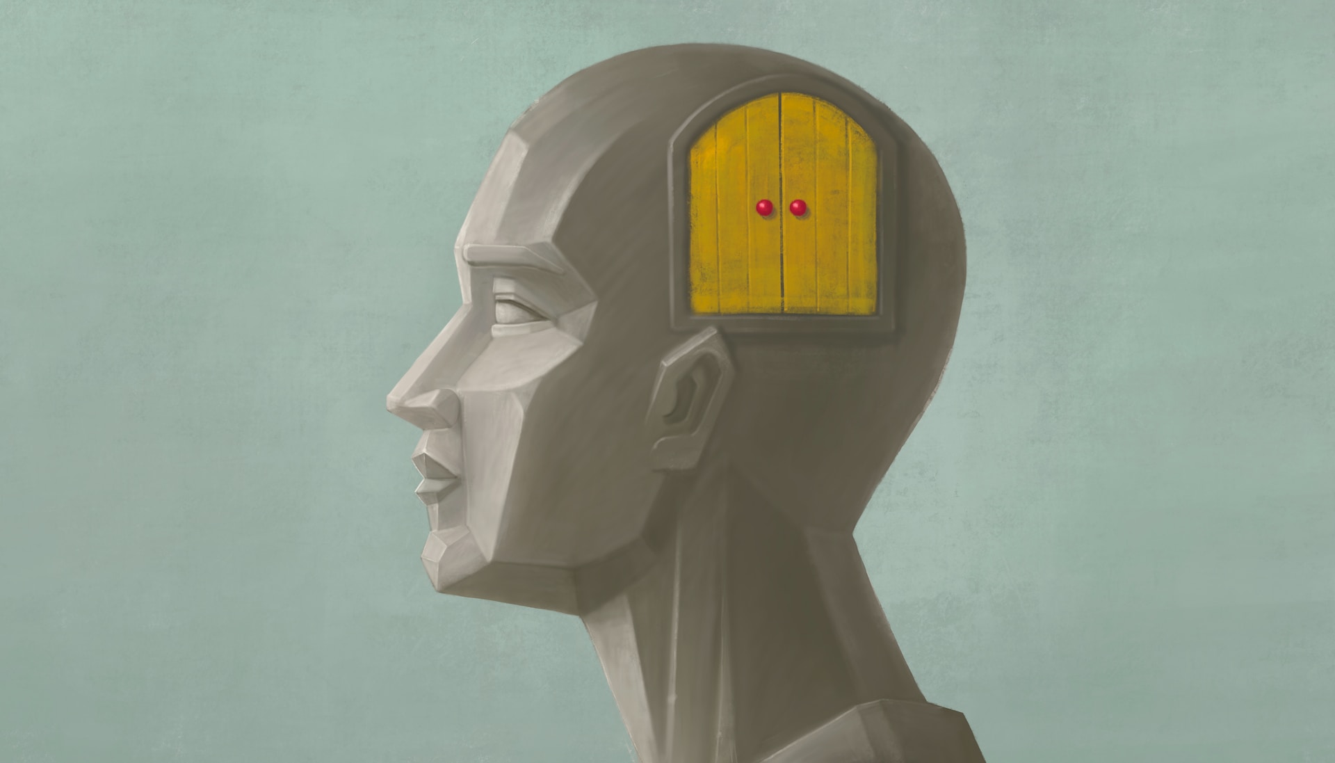 profile of human face with highlighted yellow in the brain containing two red dots