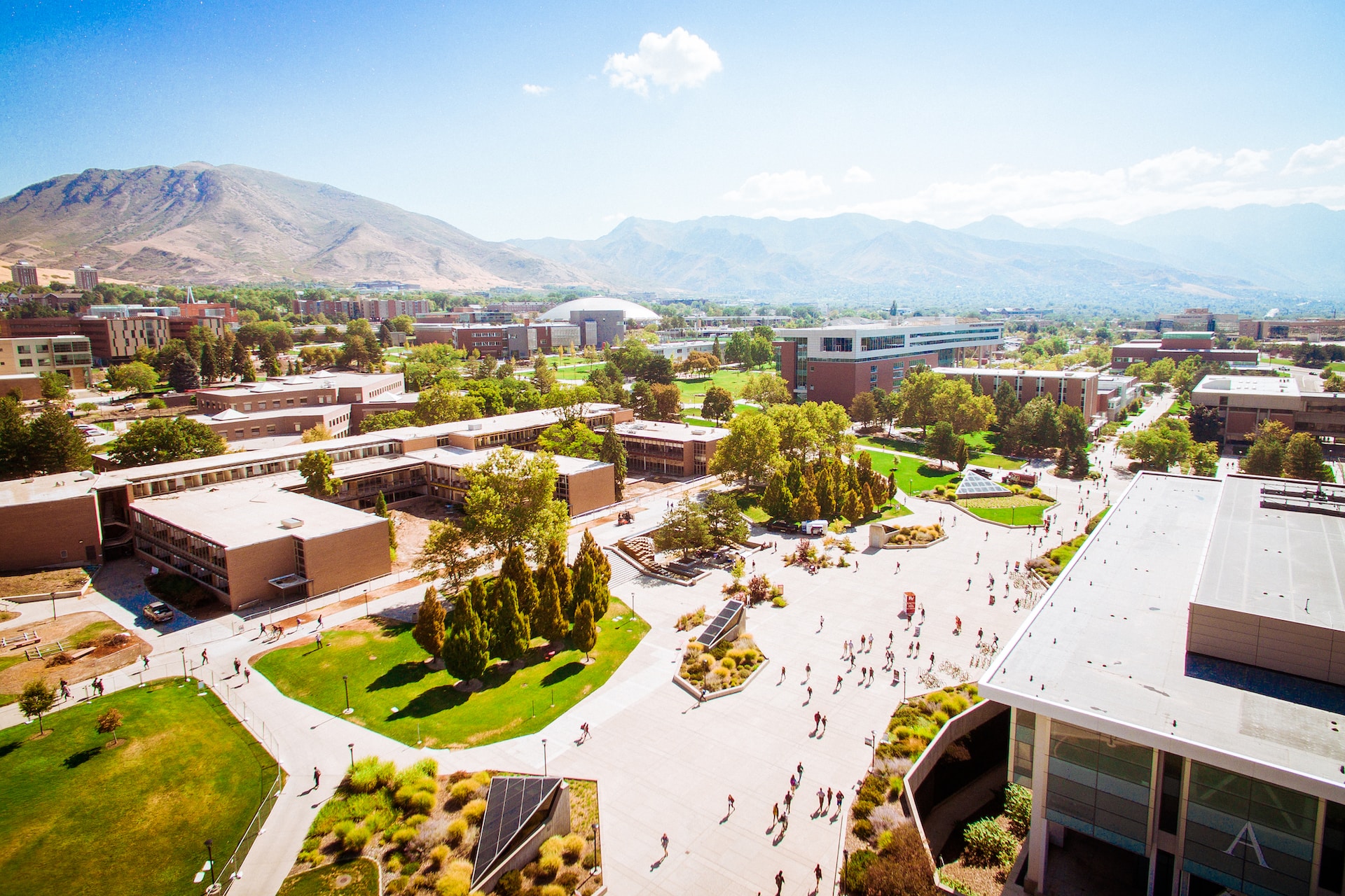 outdoor aerial view college campus showing layout of buildings