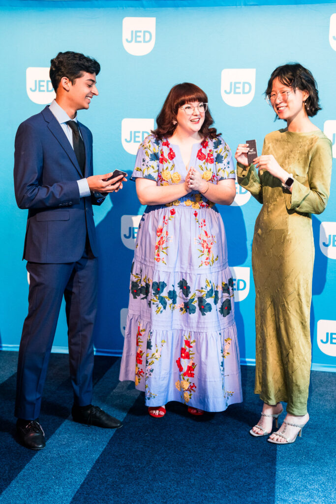 2025 Student Voice of Mental Health Award winners Rohan Satija and Nora Sun, and JED Student Engagement Manager Mary Bess Pritchett attend the 2025 JED gala.